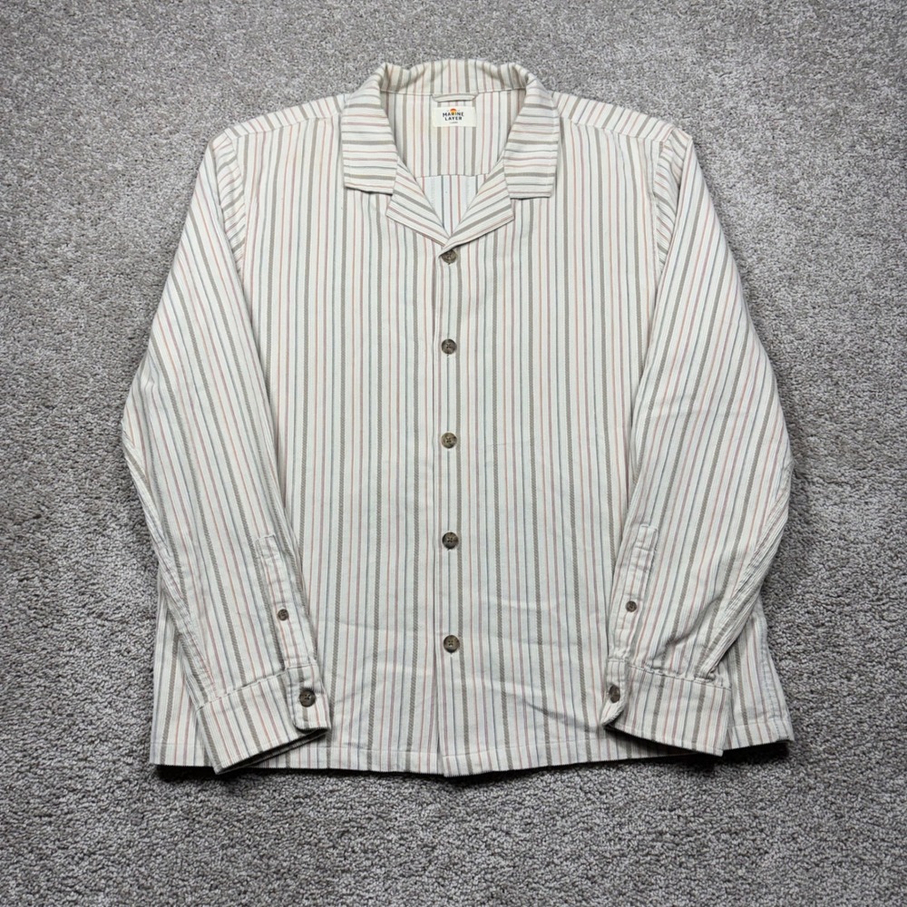 Marine Layer Mens Large Corduroy Camp Shirt Striped Long Sleeve Cream 18477